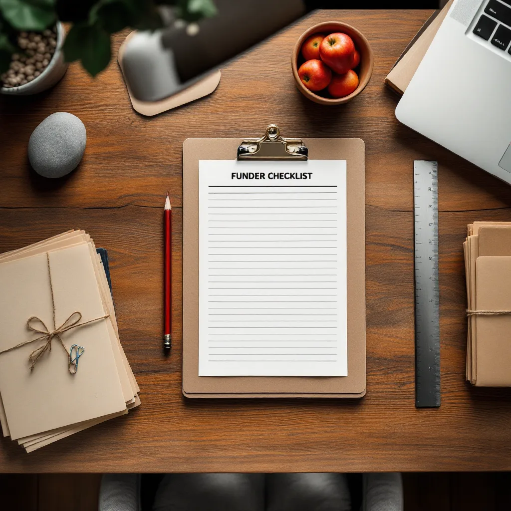 Overhead view of an oak desk with a red pencil, printed checklist, beach stone, steel ruler, index cards, and twine-tied folders
