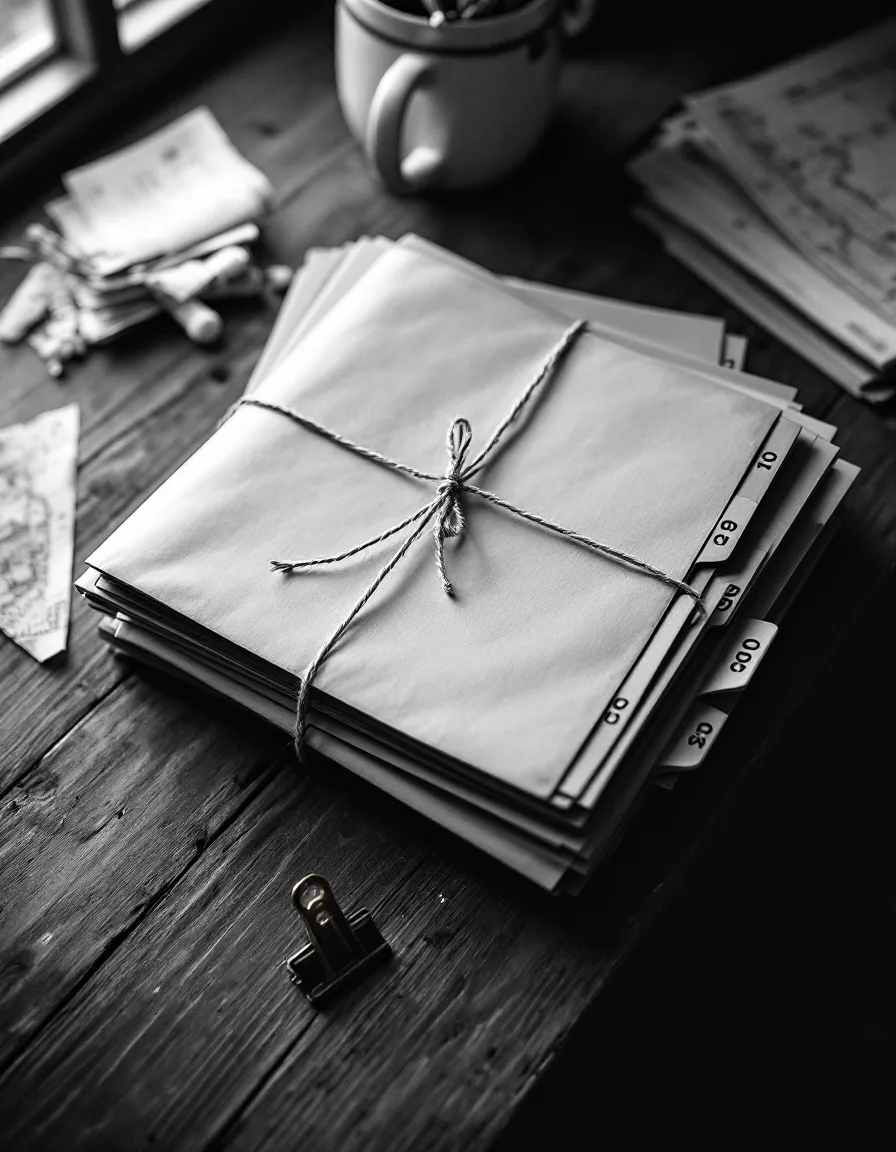 Manila proposal folders tied with twine, numbered tabs sticking out, on an oak desk