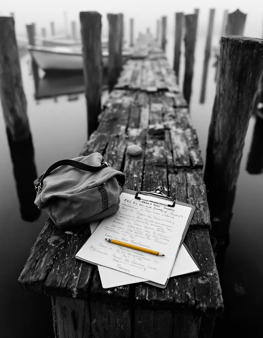 A clipboard of survey sheets weighted with a beach stone on a foggy harbor dock at dawn, in black and white