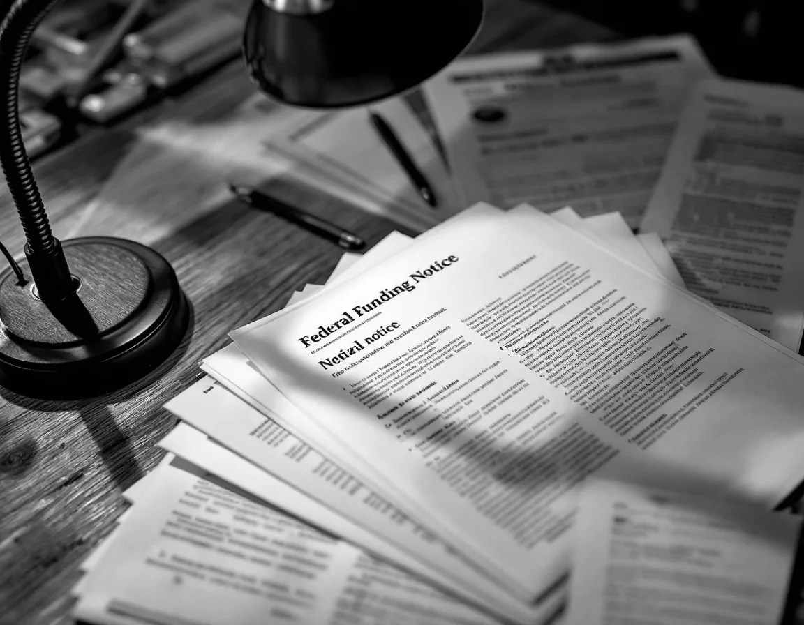 Fanned pages of a funding notice covered in pencil notes under a desk lamp